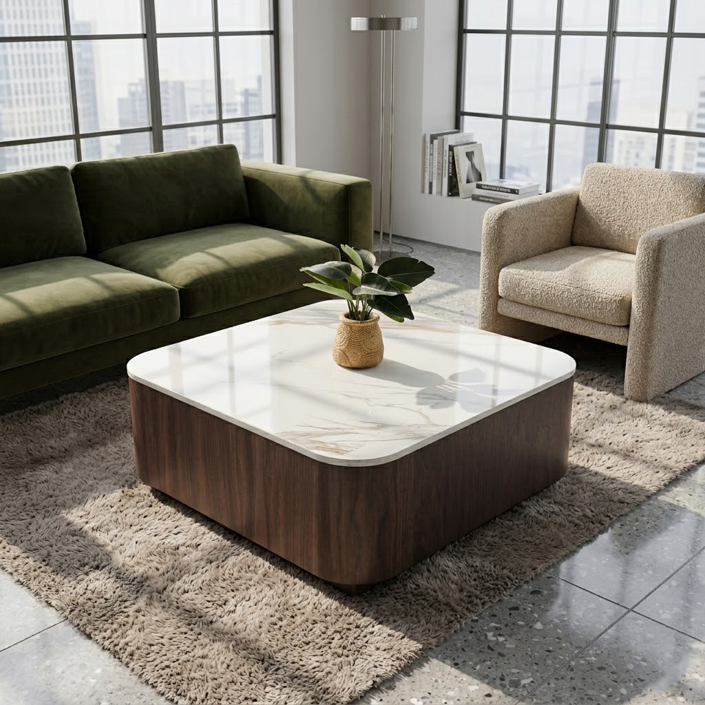 TRAVIS COFFEE TABLE (Nano Statuario Coffee Table with Walnut) (1)
