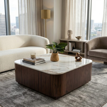 TRAVIS COFFEE TABLE (Nano Statuario Coffee Table with Walnut) (2)