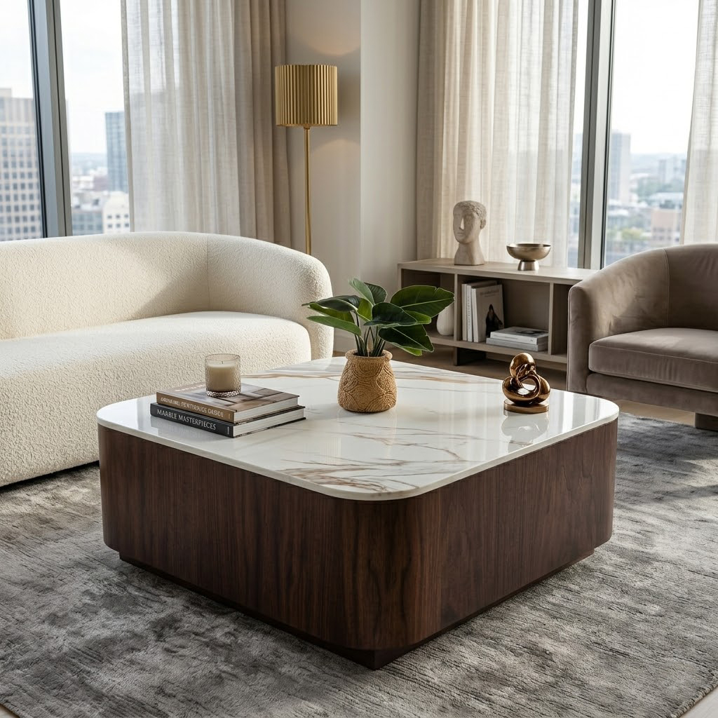 TRAVIS COFFEE TABLE (Nano Statuario Coffee Table with Walnut) (2)
