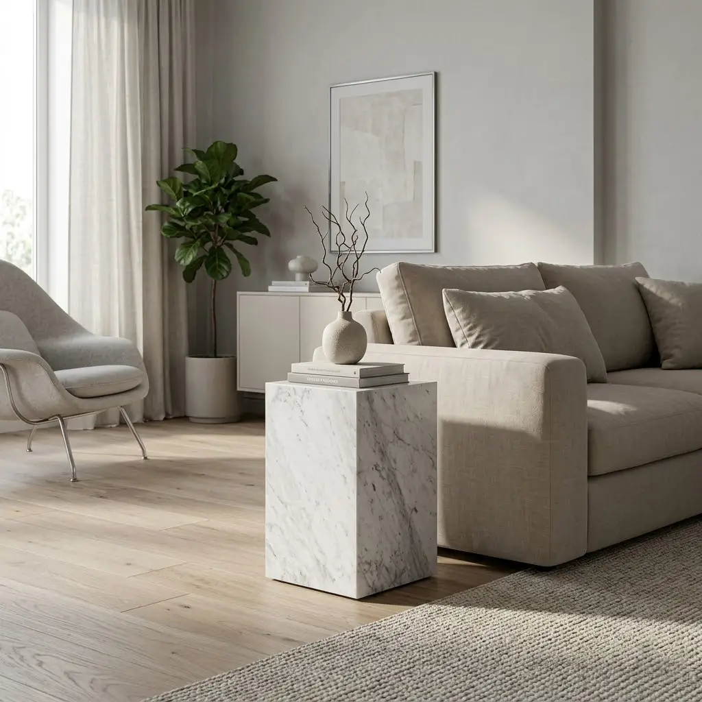 White marble block side table