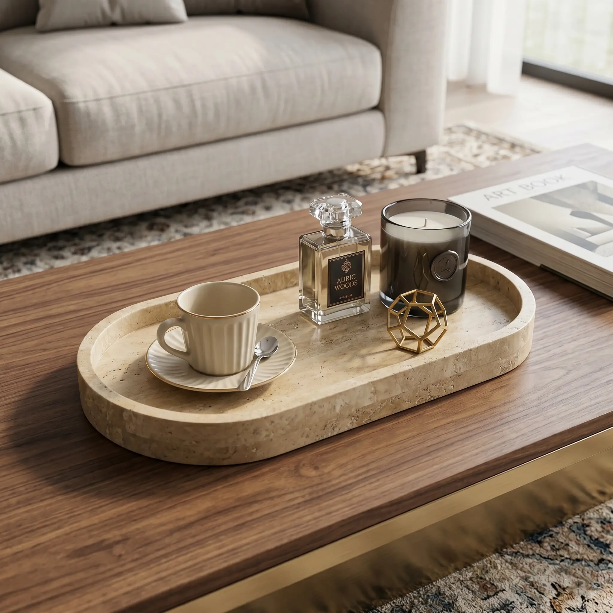 Oval Marble Border Tray (2) Travertine