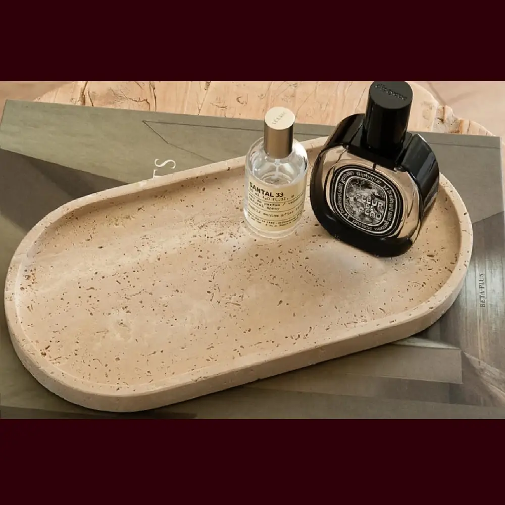Oval Marble Border Tray (3) Travertine