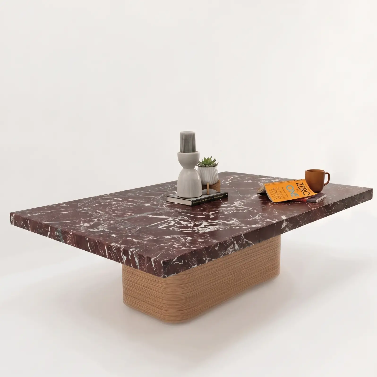Ariya Coffee Table in Burgundy Marble & Walnut Legs